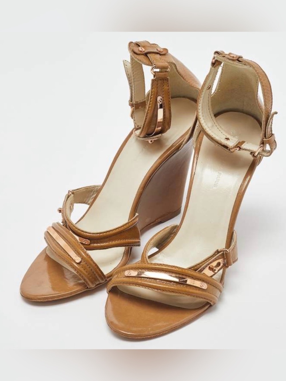 Balenciaga Brown Tan Wedge Ankle-Strap Sandals